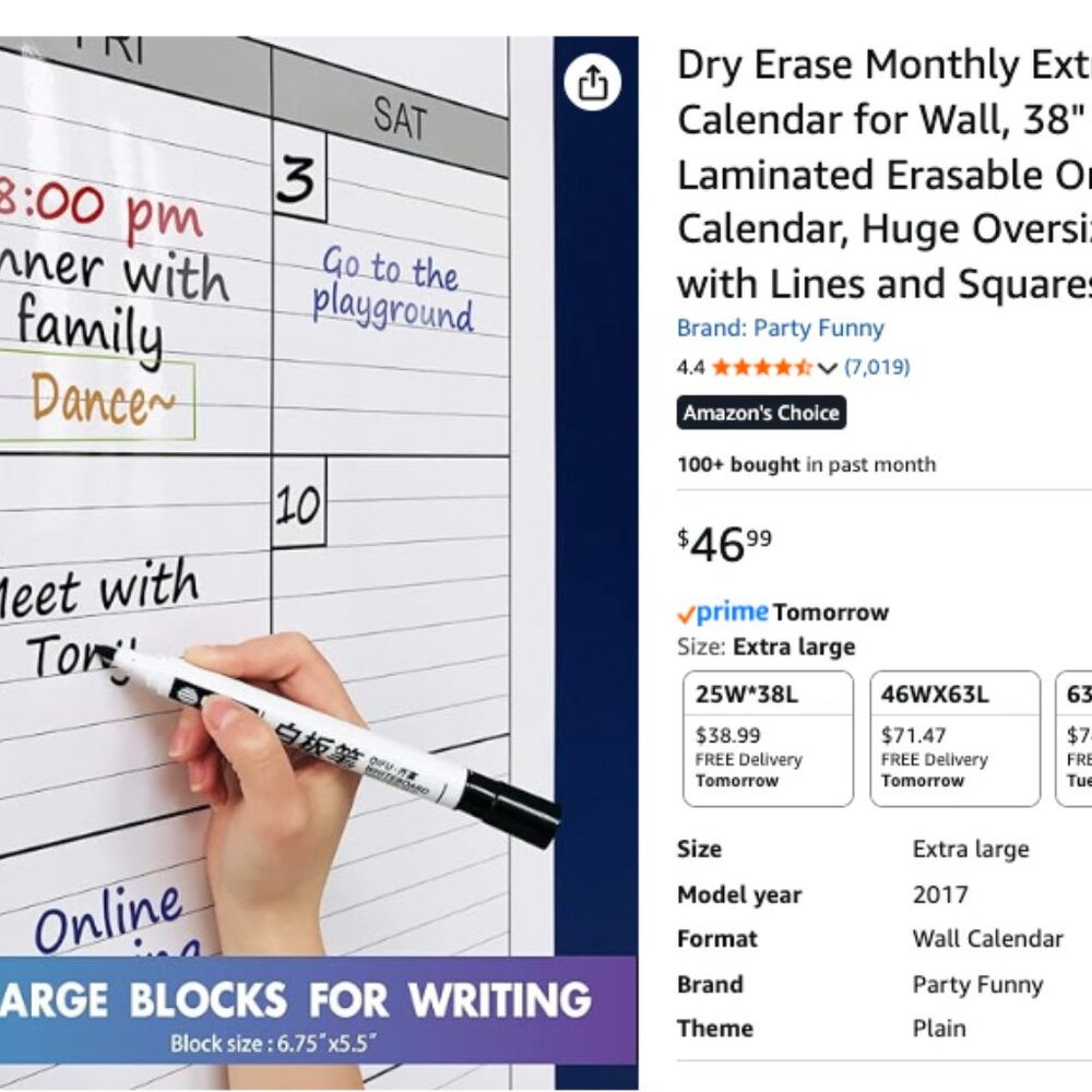 Dry Erase Monthly Extra Large White board Calendar for Wall, 38" by 50", Jumbo